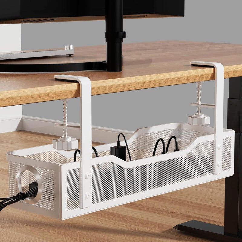 Cinati Under Desk Cable Management Large, 16" Cable Management Box for Table Thickness up to 3", Wire Cord Organizer with Clamp No Drill, No Damage to Desk (White) - Image 1